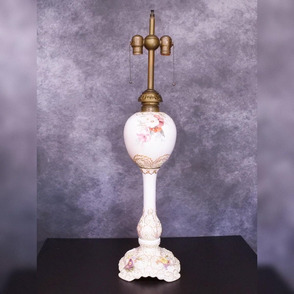 Antique Ceramic Arts Co. Belleek Lenox Hand Painted Pink Floral Parlor Lamp Base